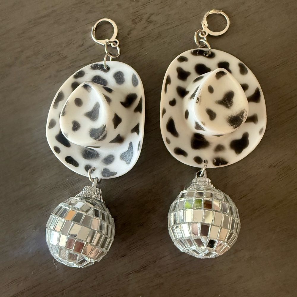 Cow Print Cowboy Hat Disco Ball Earrings